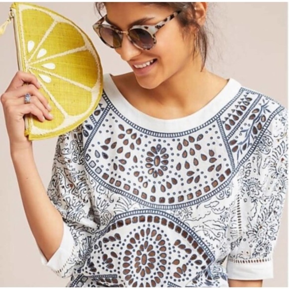 Anthropologie White Eyelet & Blue Printed Short Sleeve Blouse